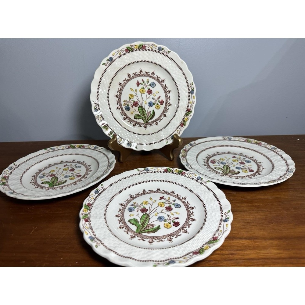Spode Copeland Cowslip S713 England 7" Salad Dessert Plates Floral Scalloped (4)